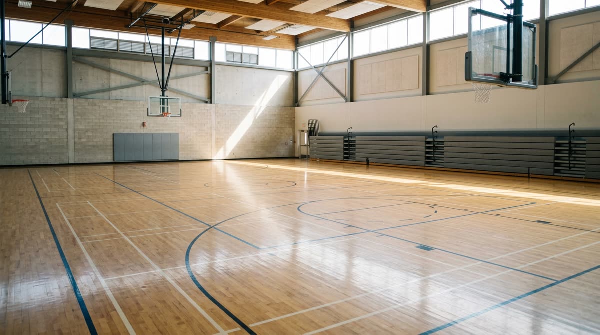 An empty recreation center gymnasium with a hardwood court, retracted bleachers and high windows.