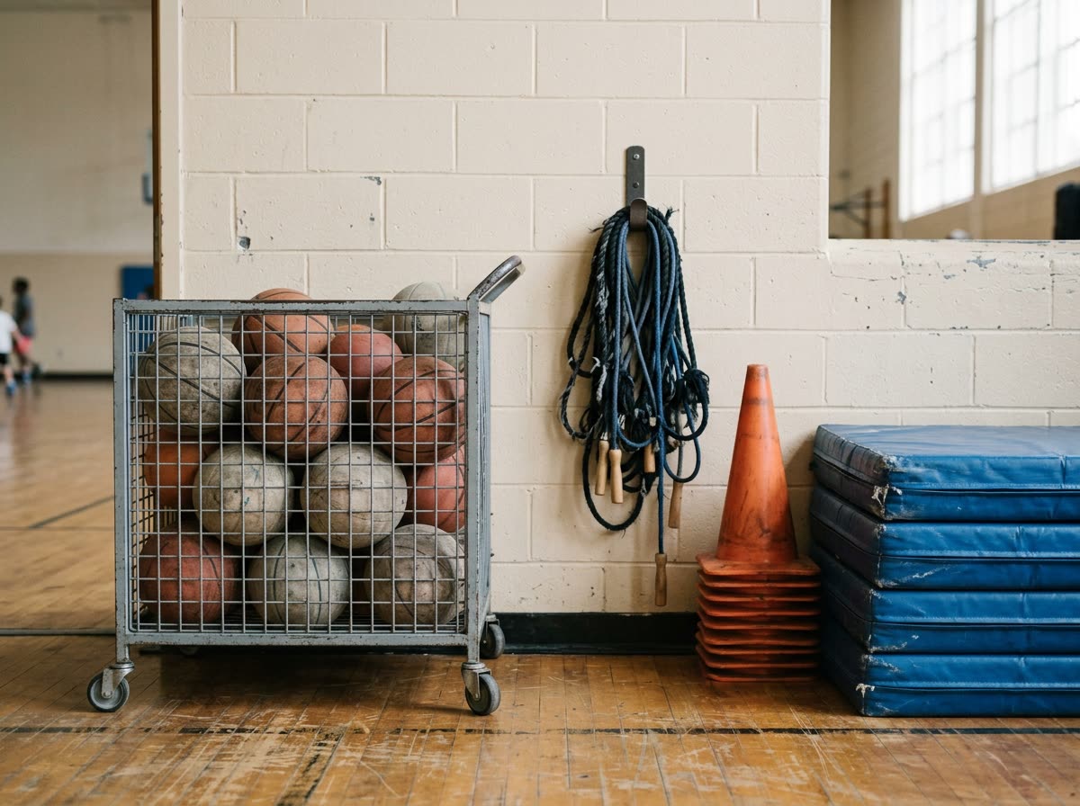 A ball cart of basketballs beside jump ropes, training cones and stacked tumbling mats.