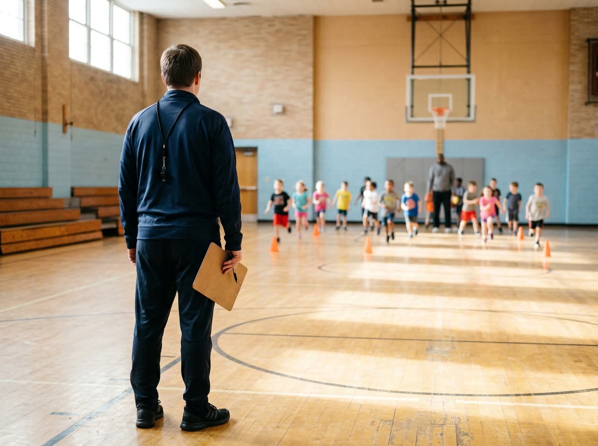 A coach seen from behind watching children run a drill at the far end of a gym.