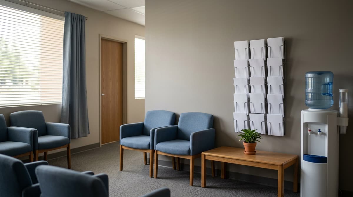 A small family services waiting area with soft chairs and a rack of blank pamphlets.