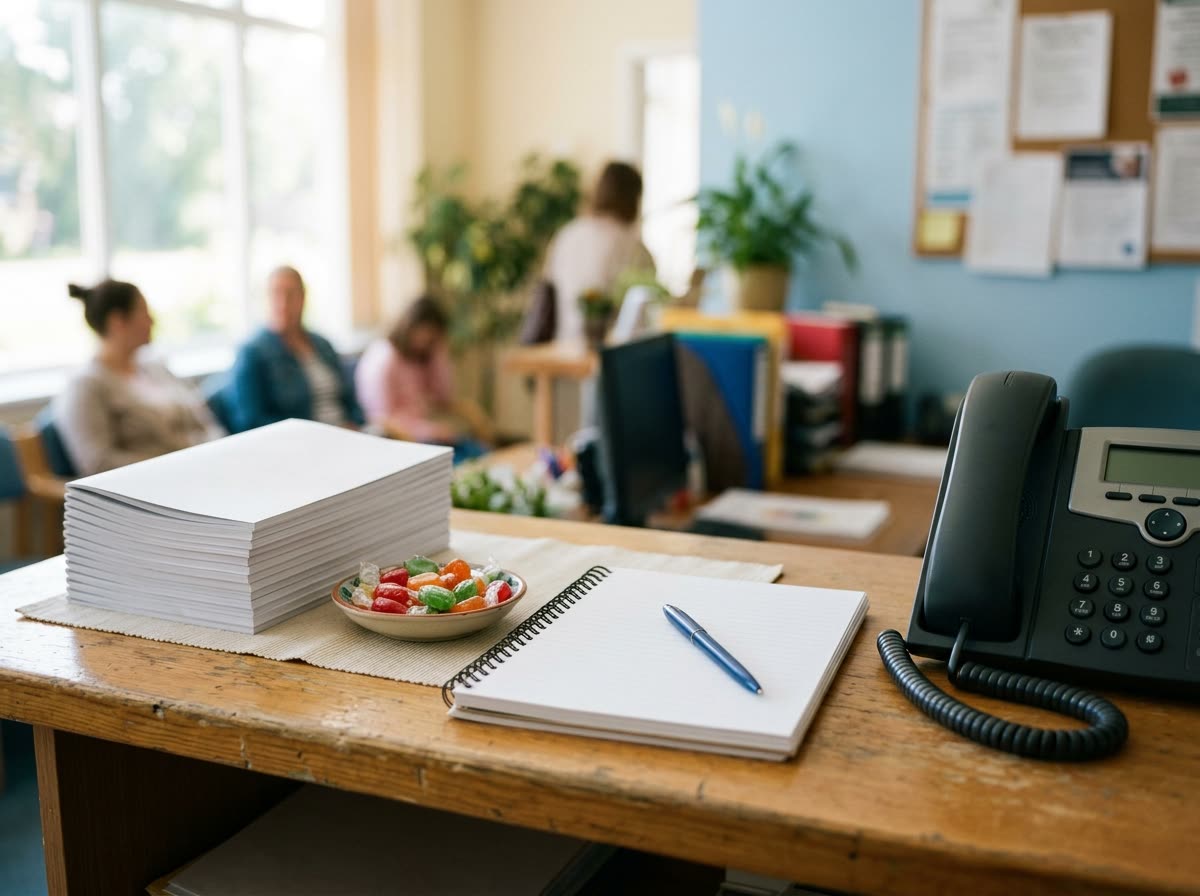 A stack of plain booklets, a blank notepad, a pen and a desk phone on a counter.