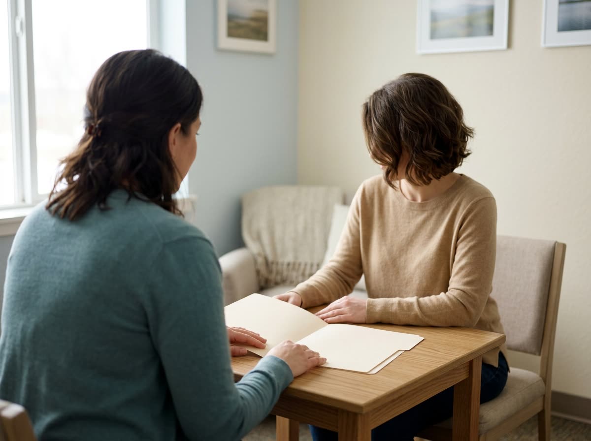 Two adults seated across a small table with an open blank folder, faces out of frame.